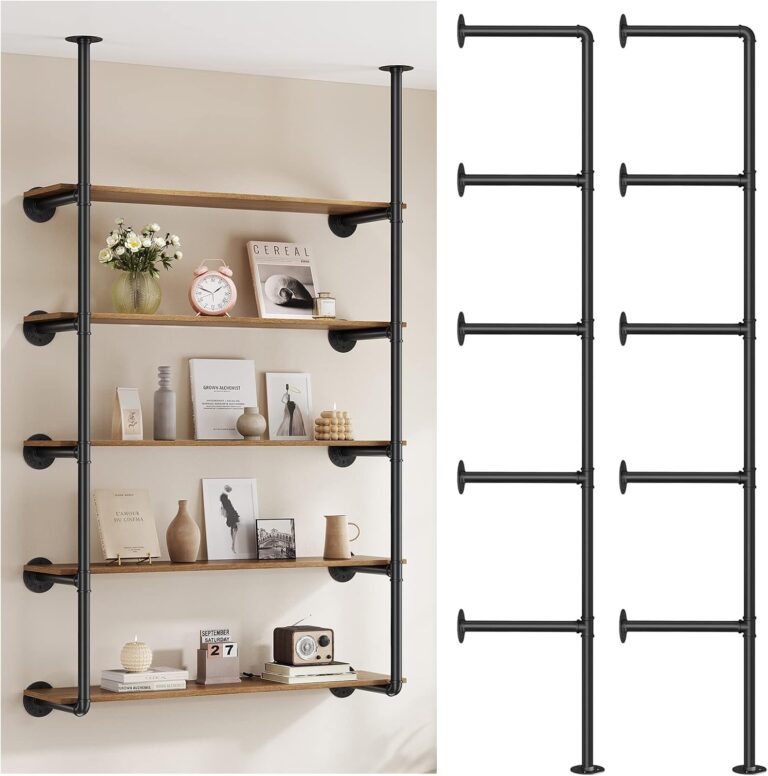 Industrial Iron Pipe Shelf Wall Mount | 2-Pack 5-Tier Farmhouse DIY Open Bookshelf for Kitchen, Bathroom & Living Room Storage