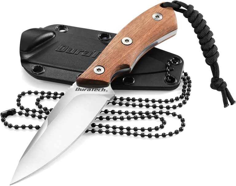 DURATECH Compact Fixed Blade Neck Knife: 6-Inch Full Tang EDC with Wood Handle & Sheath for Camping, Hiking, Outdoor