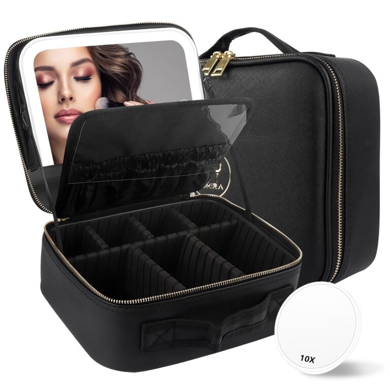 MOMIRA Travel Makeup Bag with Lighted Mirror | 3-Color Adjustable Brightness, 10x Magnifier, Waterproof