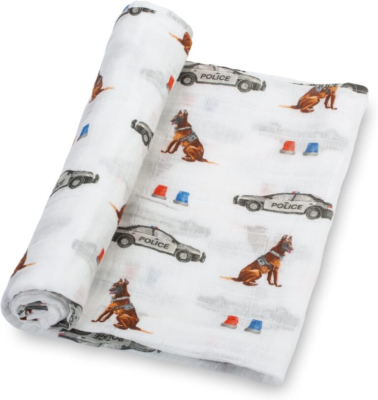 LollyBanks Muslin Swaddle Blanket | 100% Cotton Police Dog Print Baby Blanket | 47×47 Inch Newborn Essential