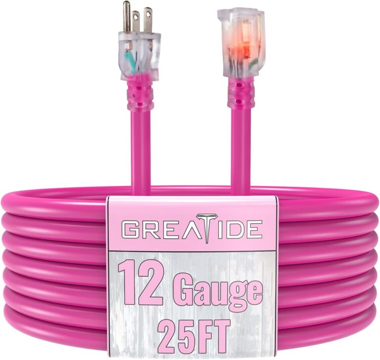 Heavy Duty 12 Gauge 25 FT Outdoor Extension Cord with Lighted End – 15 Amp, 3 Prong, Waterproof, UL Listed (Pink)