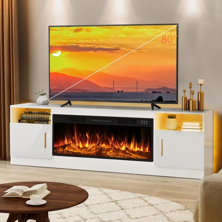 Lemberi 70″ Fireplace TV Stand with 36″ Electric Fireplace – Modern White Entertainment Center for up to 80″ TVs