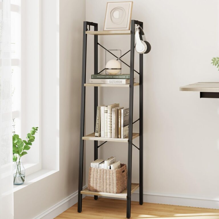 Greige Ladder Shelf | Industrial Freestanding Corner Bookcase with Hooks for Home Office, Living Room, Kitchen & Bedroom