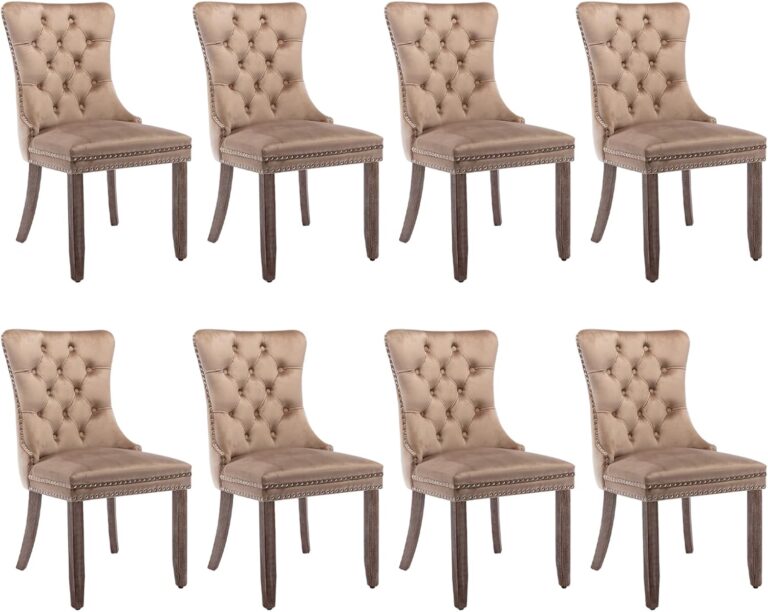 SoarFlash Velvet Dining Chair Set of 8 – Upholstered Tufted Kitchen Chairs with Nailhead Trim & Wood Legs (Khaki)