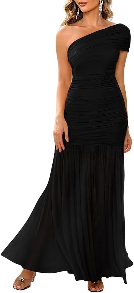 LAGSHIAN Women’s Elegant Formal Long Dress | One Shoulder Sleeveless Ruched Bodycon Evening Gown