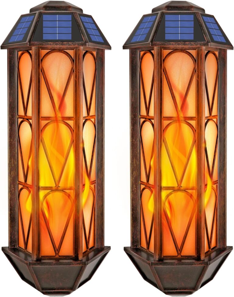 Solar Flame Wall Sconce Lights Outdoor (2 Pack) – 74 LED Flickering Flame Sconces for Porch, Patio, Garden & Doorway