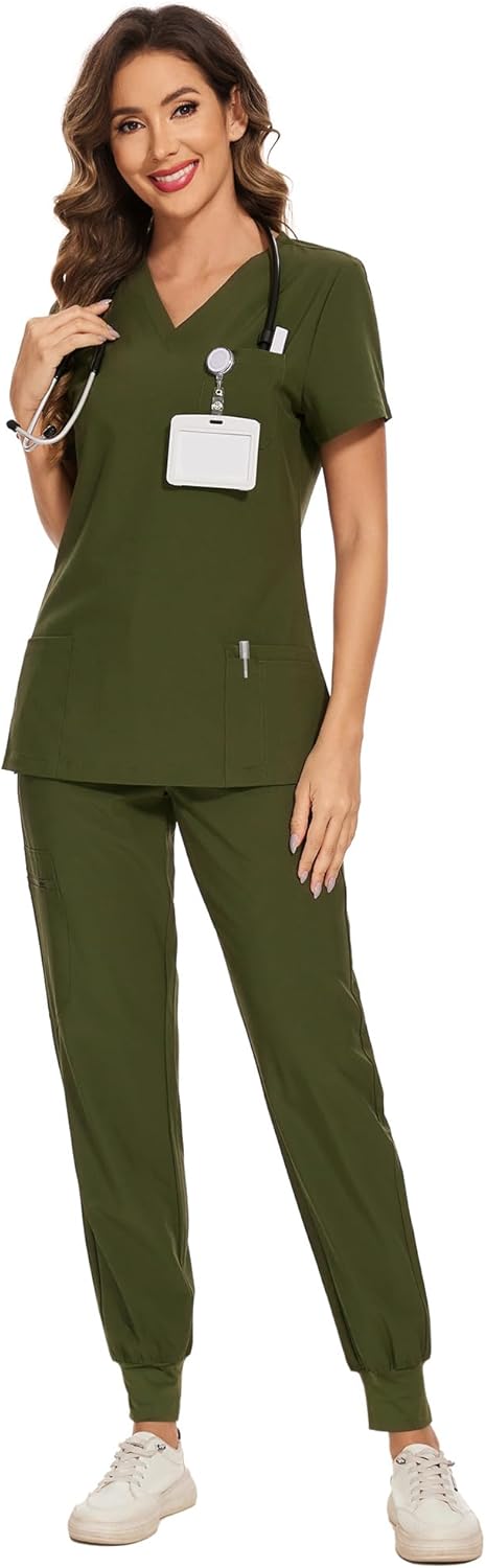 COZYFIT Scrubs for Women Set – V-Neck Top & Jogger Pants with 8 Pockets | Comfortable & Stretchy Medical Uniforms