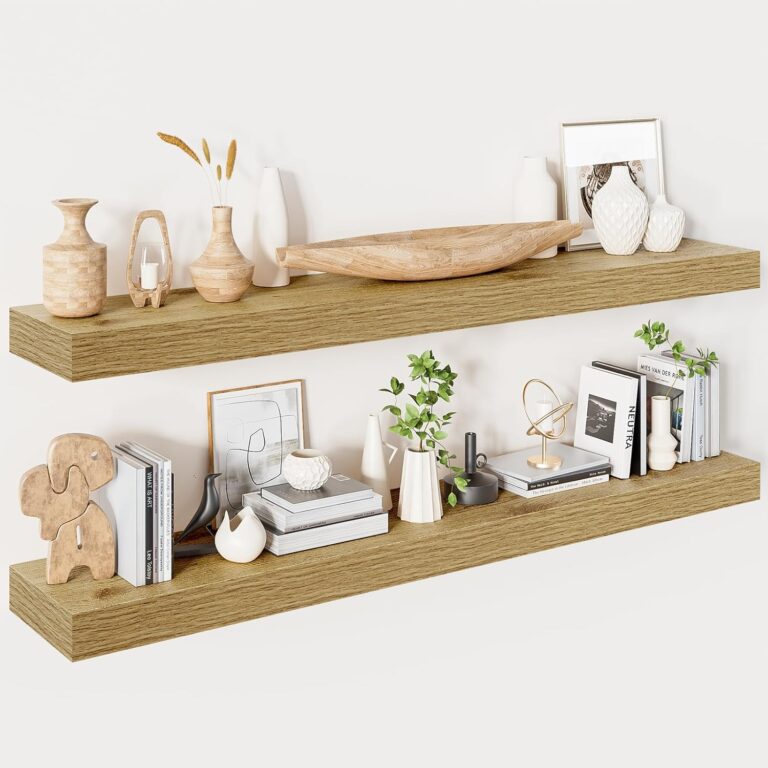 Heimlove 48 Inch Oak Floating Shelves (Set of 2) – 9.3″ Deep Wall Mounted Shelves for Living Room, Bathroom, Bedroom & Office