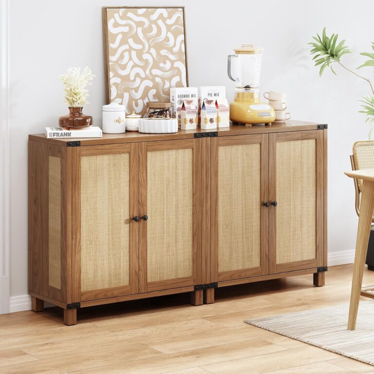 ONBRILL 31.5″ Rattan Style Sideboard Buffet Cabinet with Soft-Close Doors & Adjustable Shelves, Walnut Credenza for Living Room
